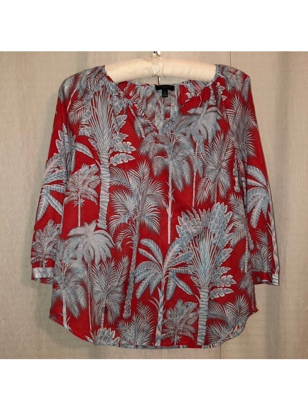 Talbots P Coral Blue Long Sleeve Cotton V Neck Tropical Pullover Blouse
